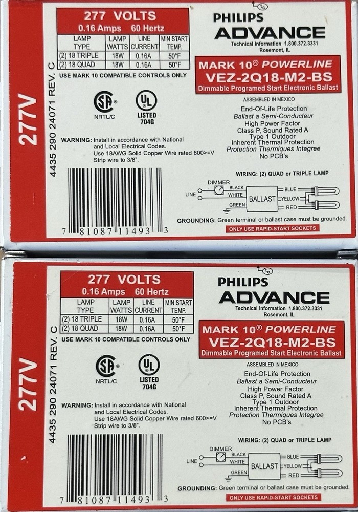 (2 Pieces) VEZ-2Q18-M2-BS Dimmable Programmed Start Electronic 277V 277 Ballast