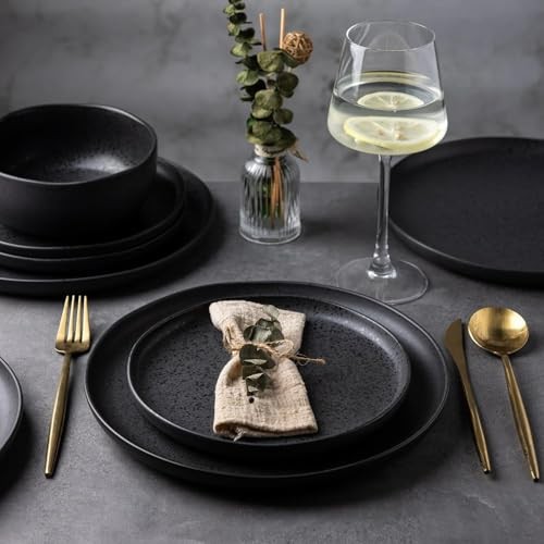 Ceramic Dinnerware Sets, Wavy Rim Stoneware Service for 6 Matte Speckled Black