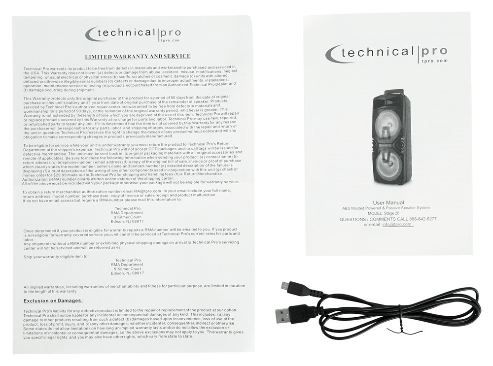 Technical Pro STAGE28 Dual 8" Rechargeable LED Bluetooth Speaker + Stand + Mic