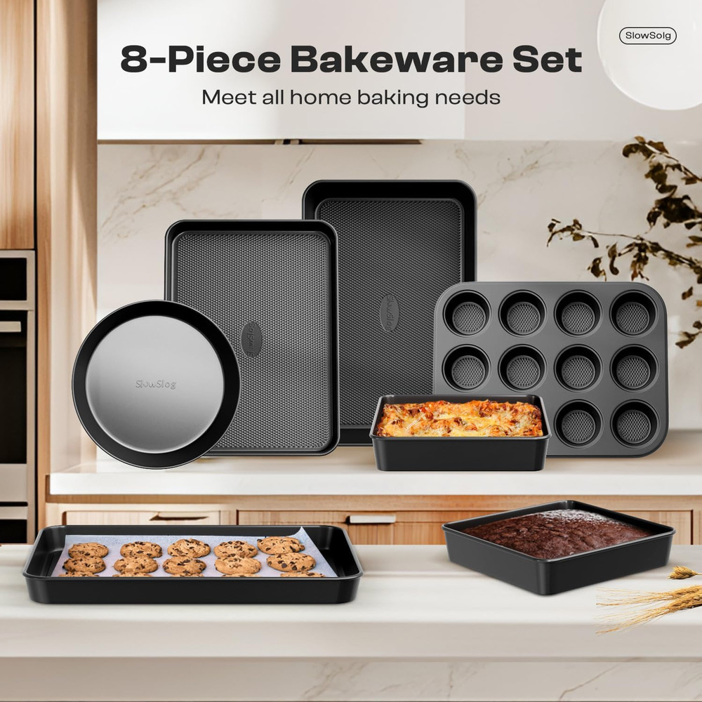 12-Piece Nonstick Bakeware Set, Stackable Non Toxic Baking Pans Set with Rack &