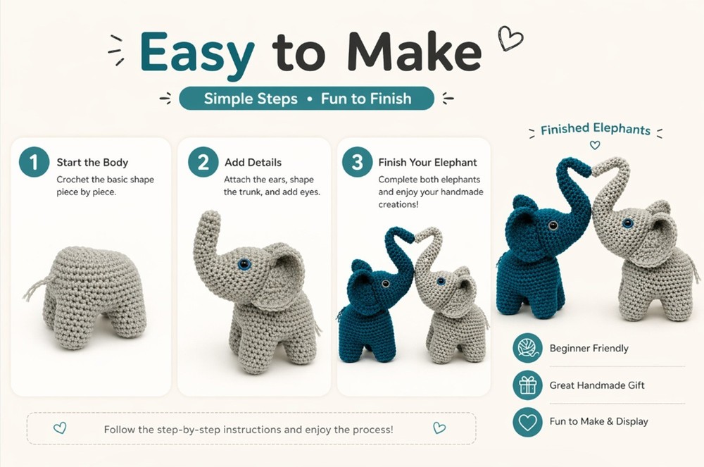 Elephant Crochet Kit 2 Pack for Beginners Amigurumi DIY Set with Video Tutorial