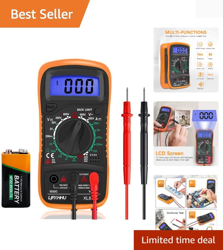 Compact Digital Multimeter - Accurate AC/DC Voltage Tester with Backlit Display