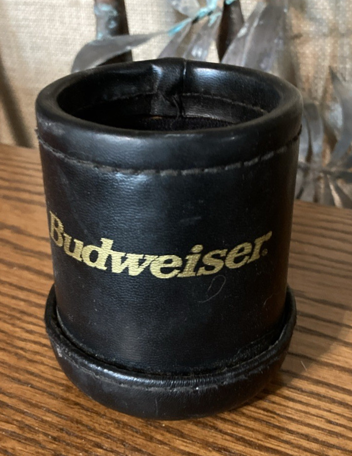 BUDWEISER Stitched Black Leather Dice Cup Shaker Rounded Bottom
