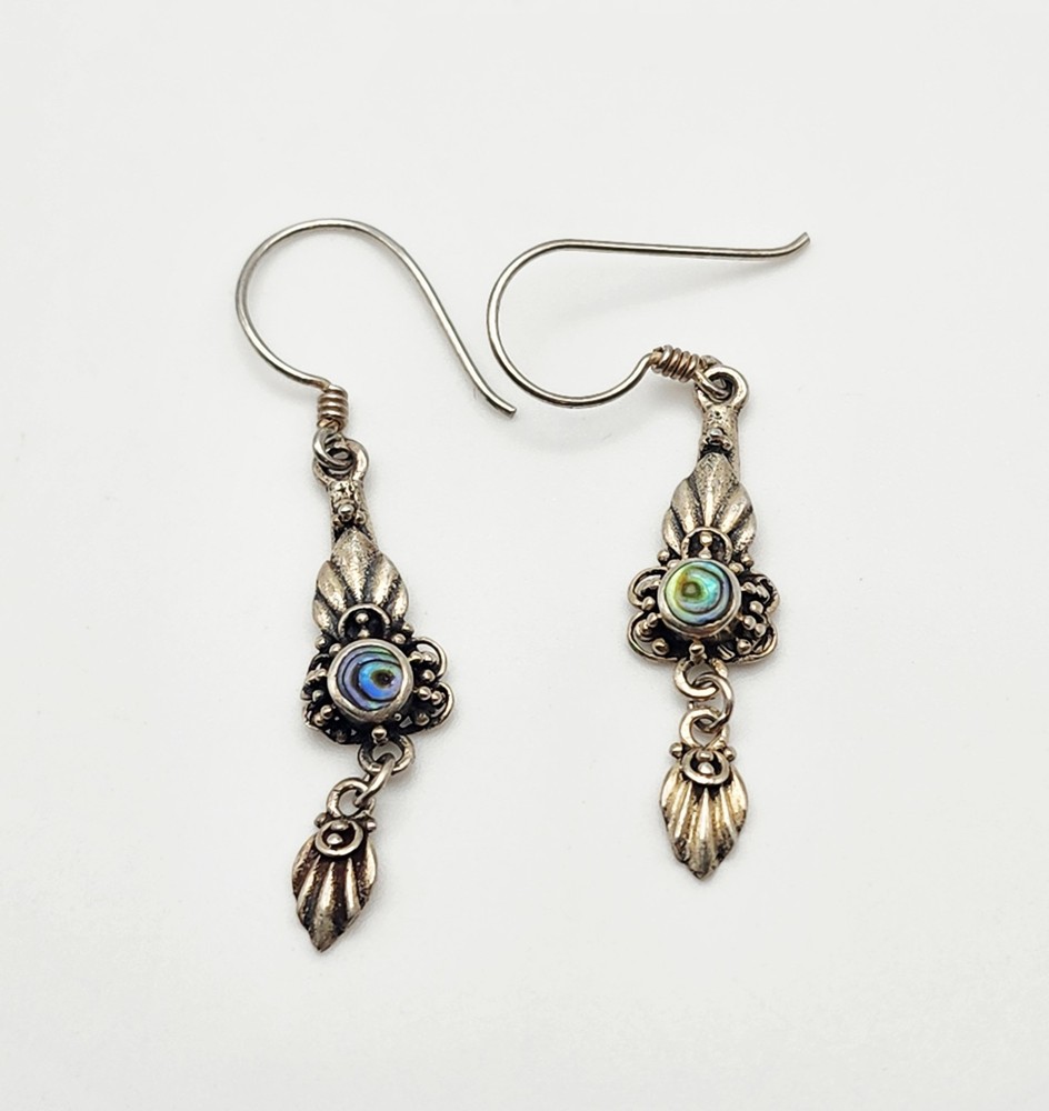 Vintage Sterling Silver Abalone Inlay Native Dangle Earrings