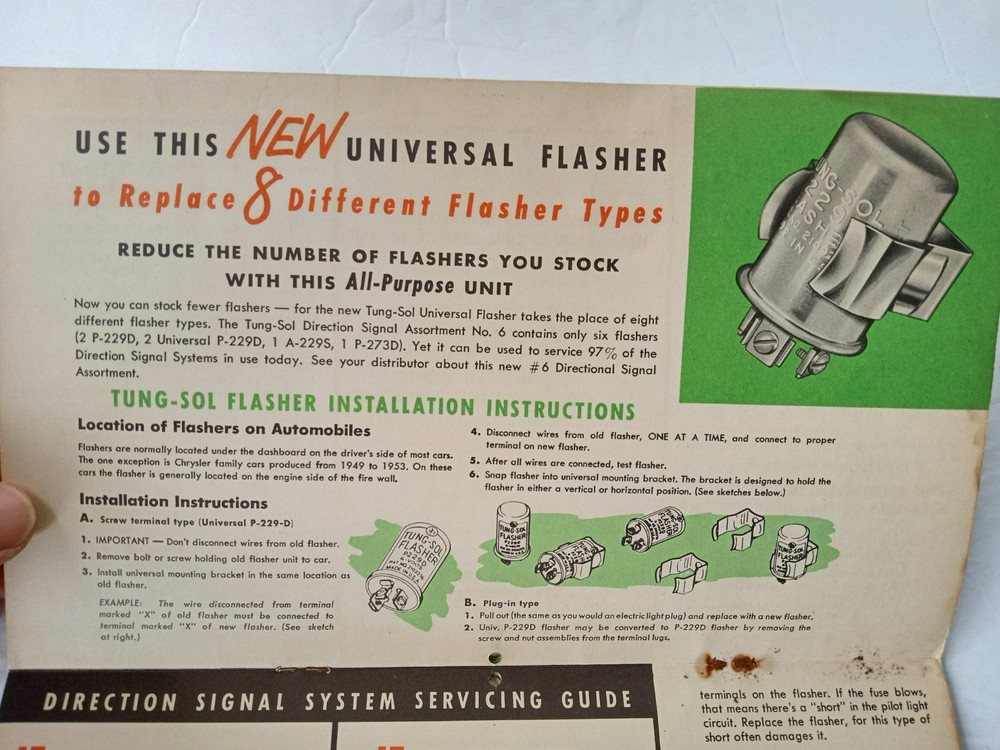 TUNG SOL Auto Lamps Flashers Servicing Guide 1940-1955 Car Trucks Specifications