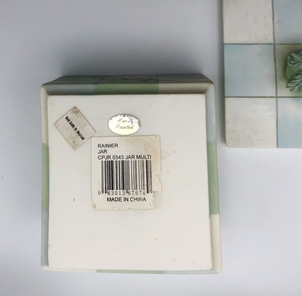 Croscill Rainier Ceramic Vanity Canister W/Checkerboard Pattern & Leaf Knob