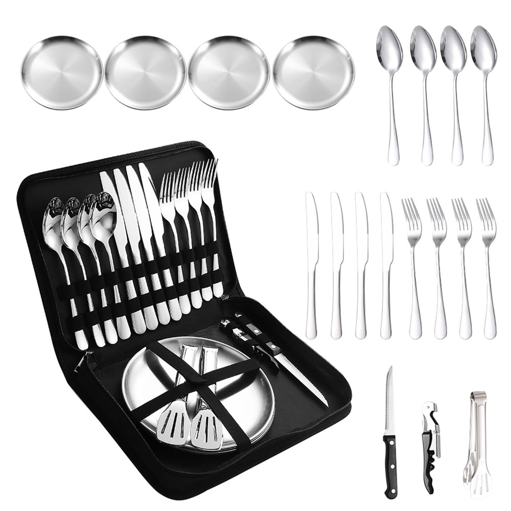 Camping Silverware Silver Picnic Plates nd Utensils Set For 4 Portable Tableware