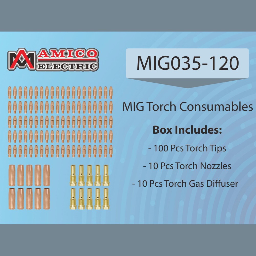Amico MIG Consumables, 100-pcs .035” Tip, 10-pcs Nozzle, 10-pcs Diffuser