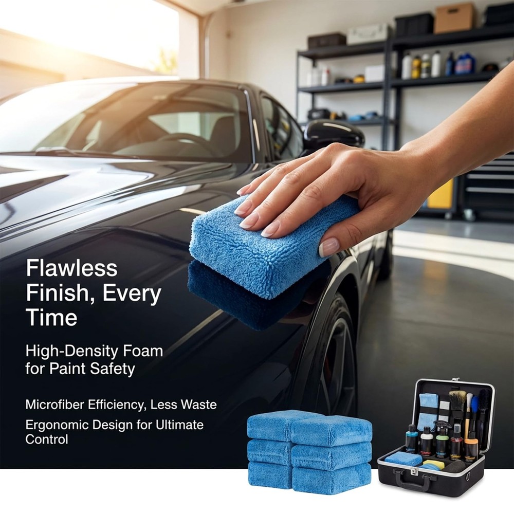 Sukh 6 Pack Microfiber Rectangle Sponge Detailing Pads - 6PCS, Blue