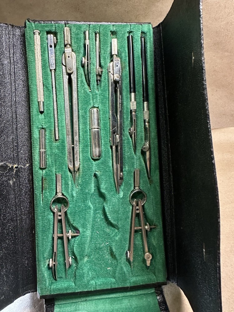 Vintage TOWER Germany Drafting Compass Set w/ Case Engineer Tools Incomplete
