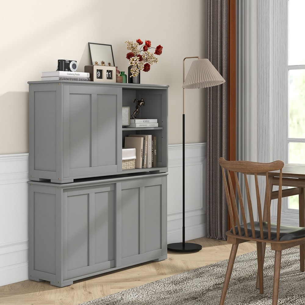 2PCS Kitchen Buffet Cabinet Stackable Cupboard w/Sliding Doors, Adjustable Shelf