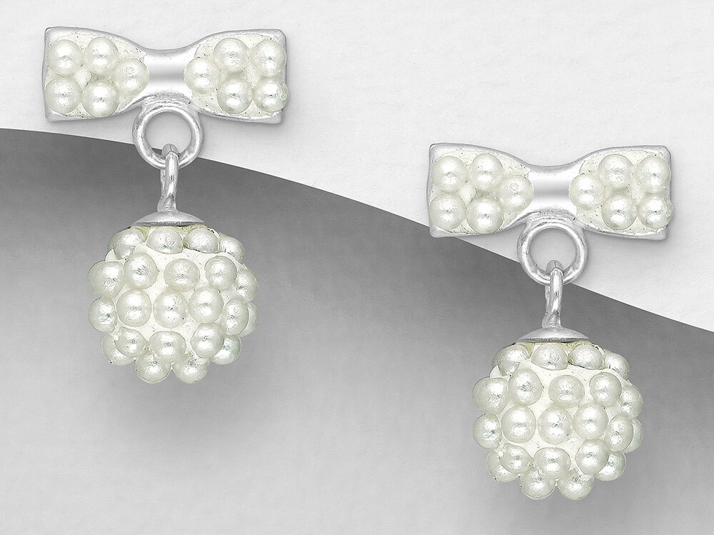 Solid Sterling Silver Seed Pearl Bow 14mm Dangle Earrings Cute