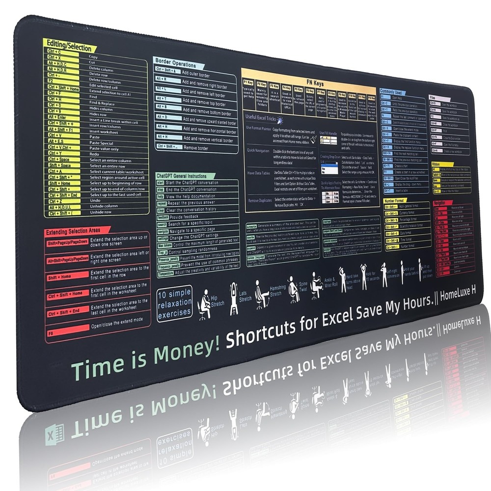 Excel Cheat Sheet Desk pad-Big Mouse Pad | Desk Mat for Microsoft Excel Short...