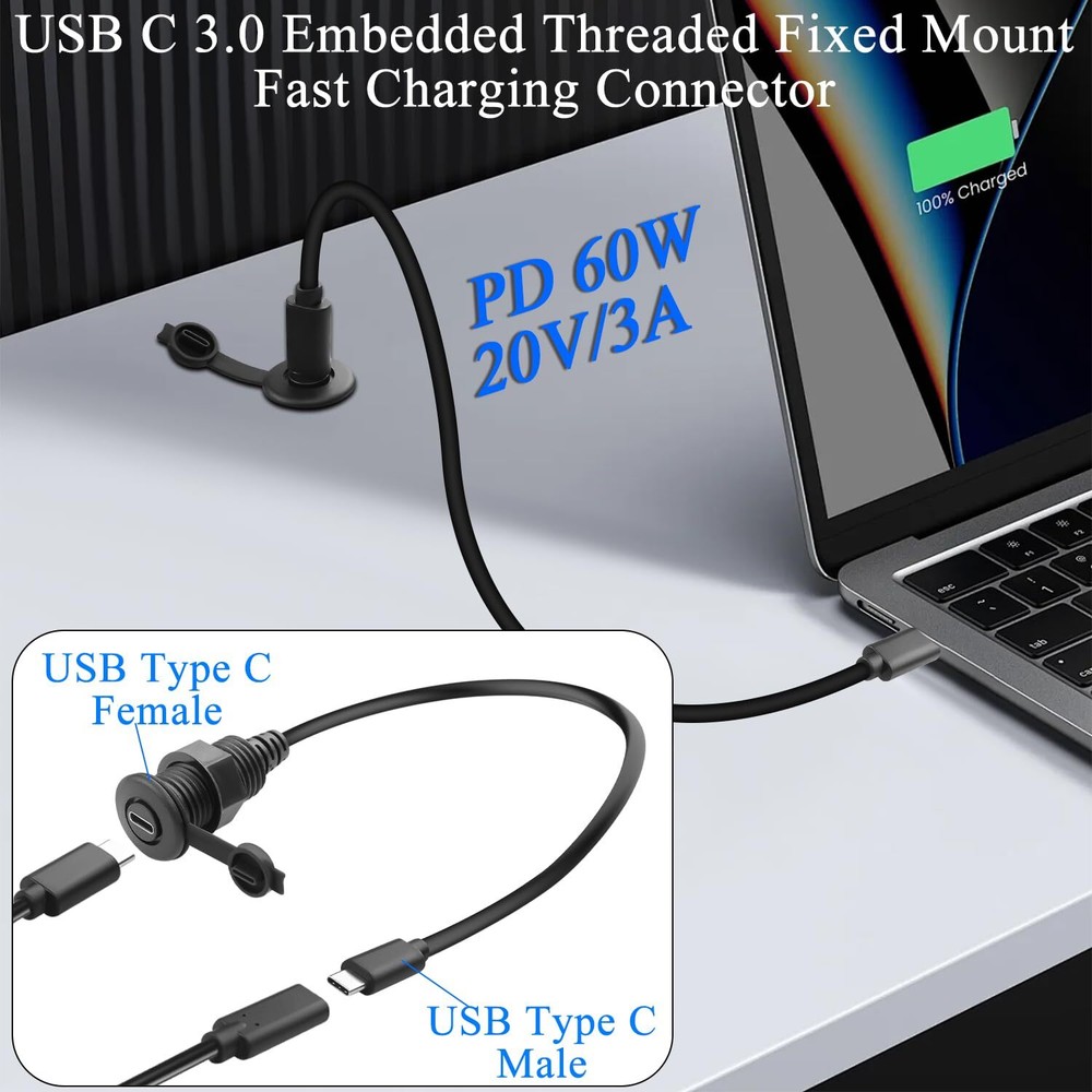 5Gbps USB C Threaded Fixed Short Cable USB Type C 3.0 Male to Female Embedded...