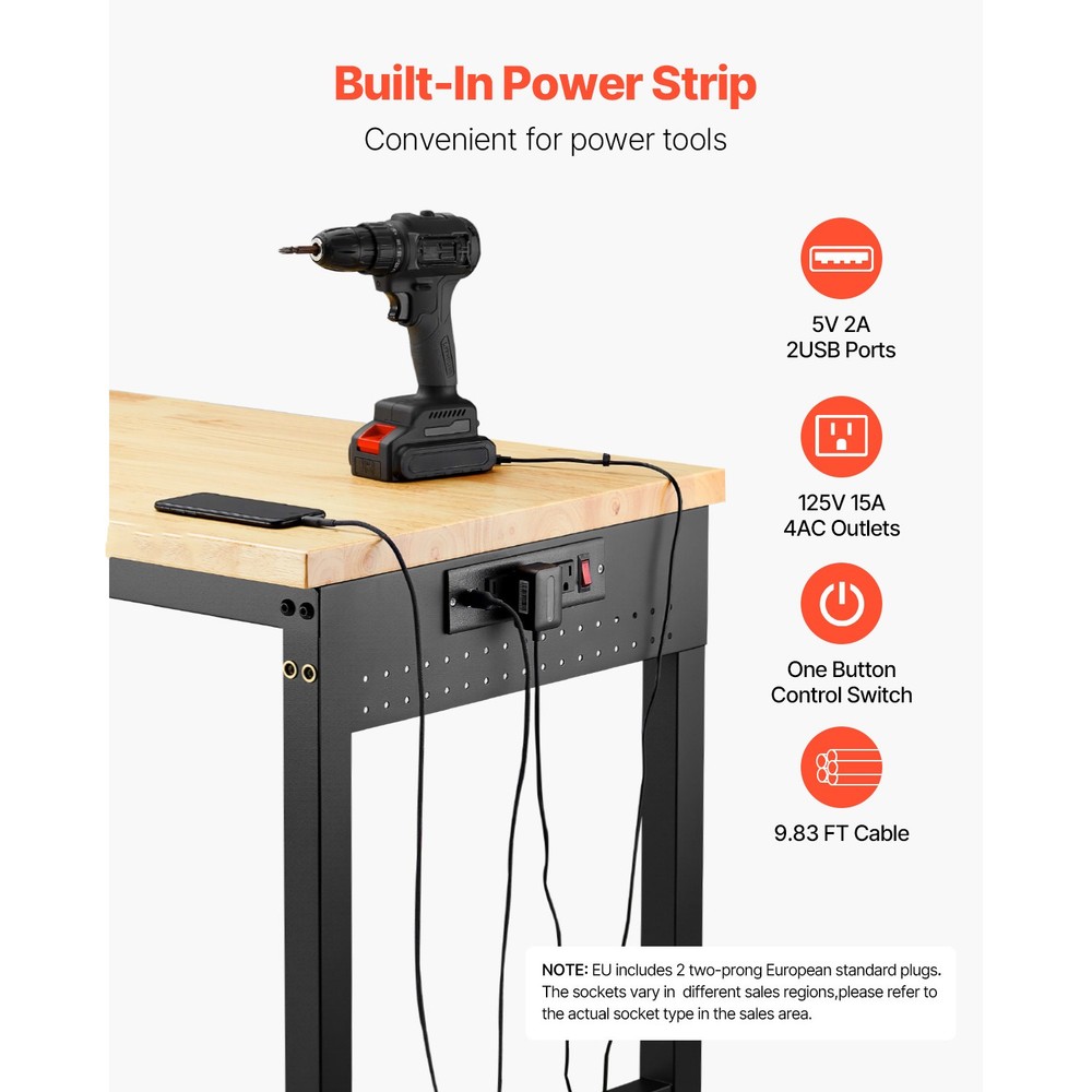 60" Workbench on Wheels Adjustable Height Table with Power Outlet & Pegboard