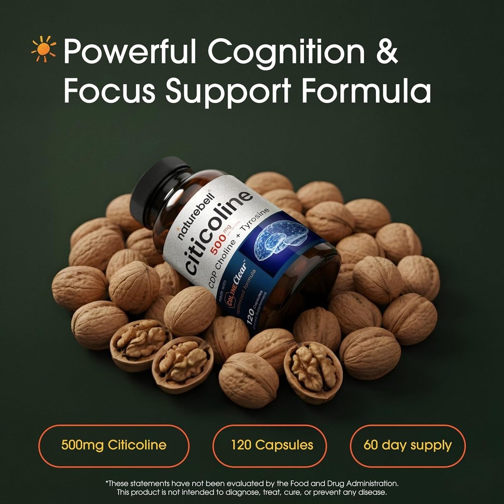 NatureBell Citicoline 500mg - 120 Capsules - Brain Function Support for Adults -