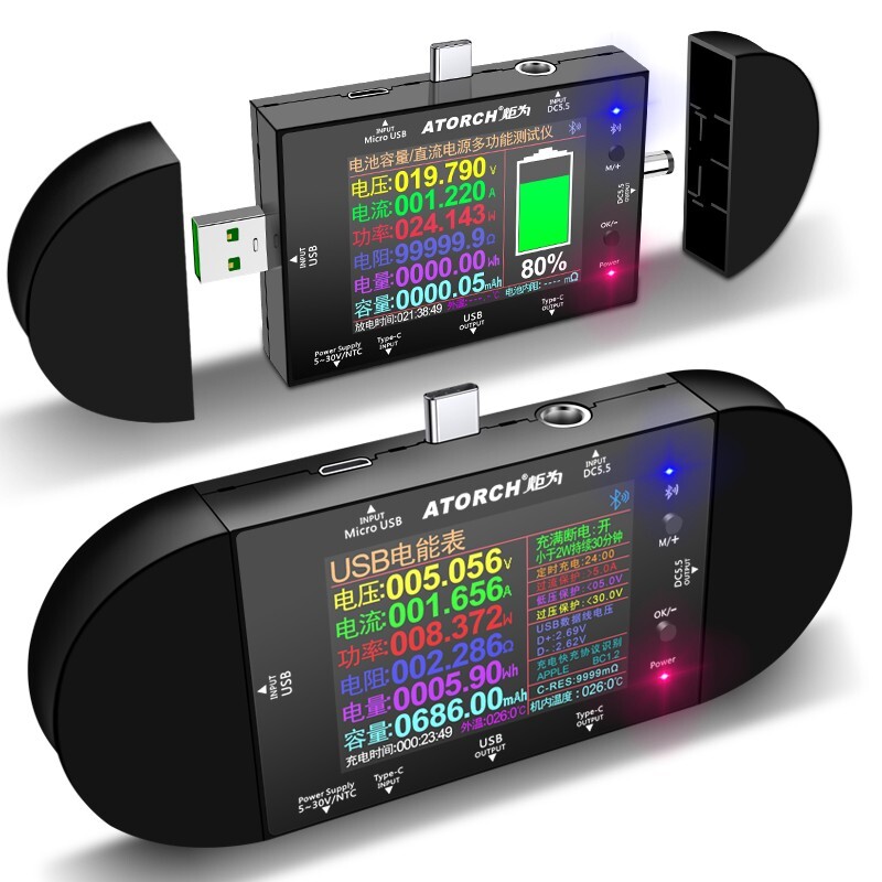 ATORCH UD24 USB Voltmeter Voltage Current Meter DC Digital Tester 12 DC Adapters