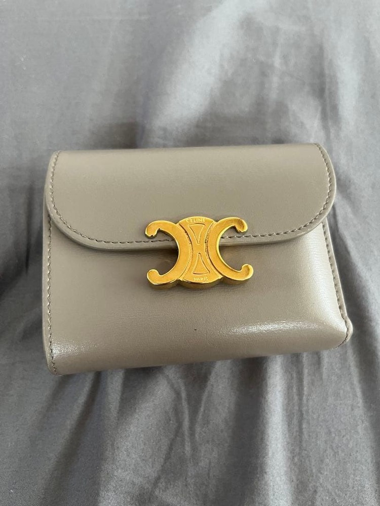 CELINE Gray Bi fold Wallet Gold Hardware From Japan