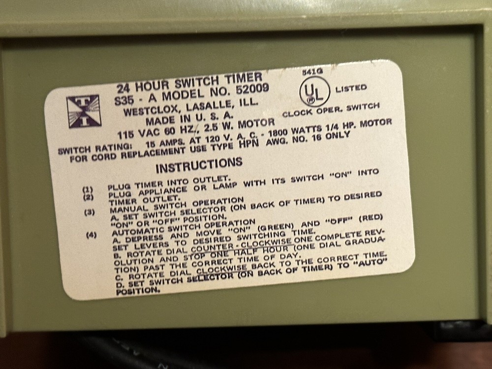 MCM Westclox Avocado Green 24 Timer Switch Timer S35 52009 Working