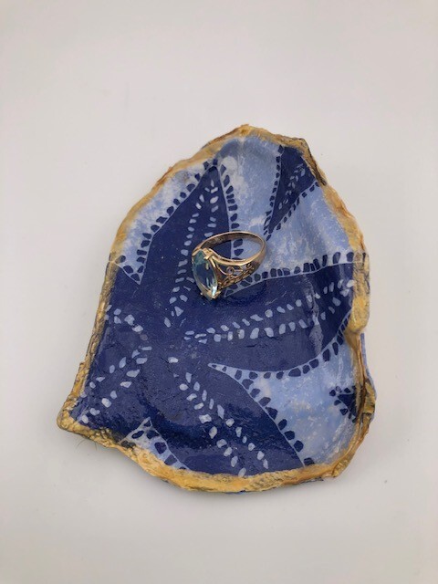 Hand Crafted Preppy Blue Starfish Decoupage Oyster Shell