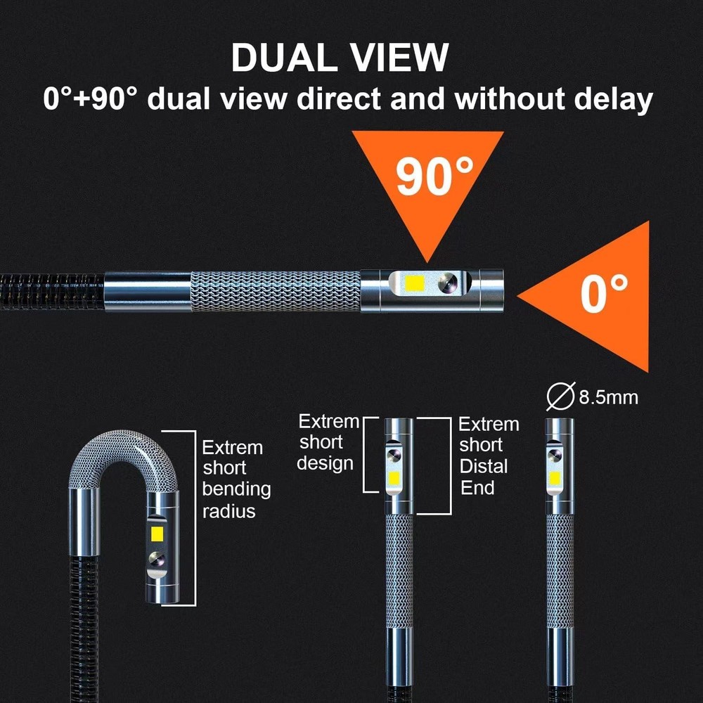 Dual-Lens Articulating Borescope, Engine Endoscope with 0.33in Two-Way Black