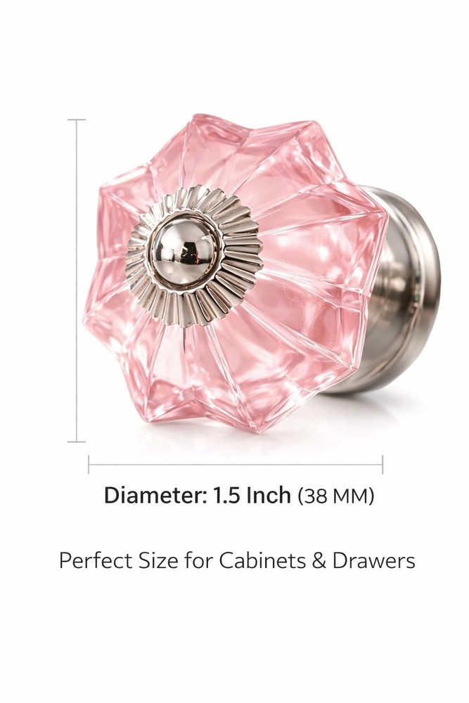 Pink Crystal Glass Cabinet Knobs – Decorative Drawer Pulls with Silver Met