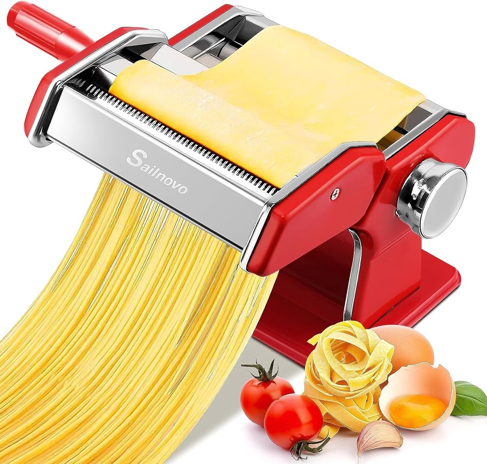 Red 180 Roller Manual Pasta Maker Machine with 9 Thickness Settings