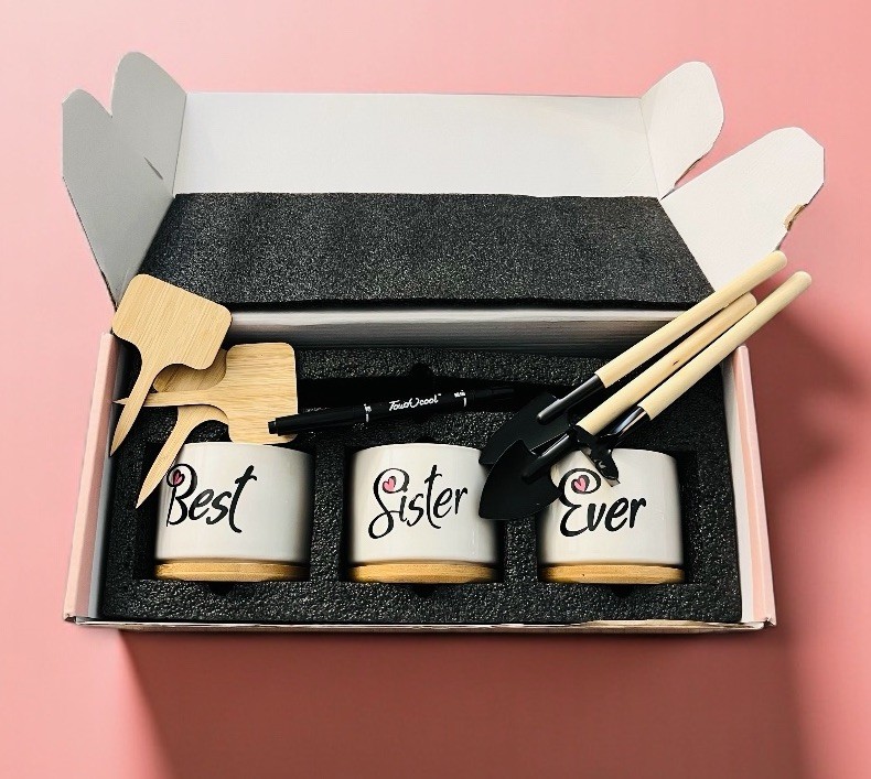 Best Sister Ever Mini Planter Set 3pc Ceramic Pots W/ Tools Gift Succulent Herb