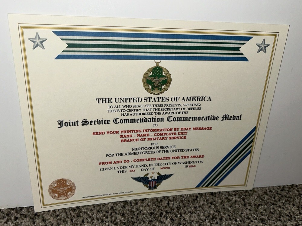 JOINT SERVICE COMMENDATION COMMEMORATIVE MEDAL CERTIFICATE ~ W/PRINTING T-1