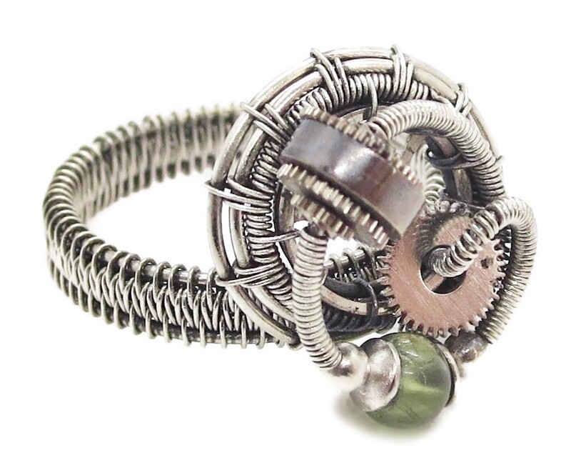 Adjustable Peridot Steampunk Ring in Sterling Silver & Stainless Steel