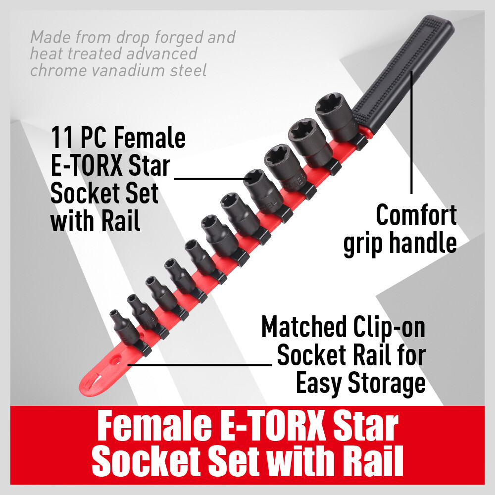 11 Pc Female E Torx Star Socket Set & Rail E4-E20 Driver Torque Socket 3/8" 1/4"