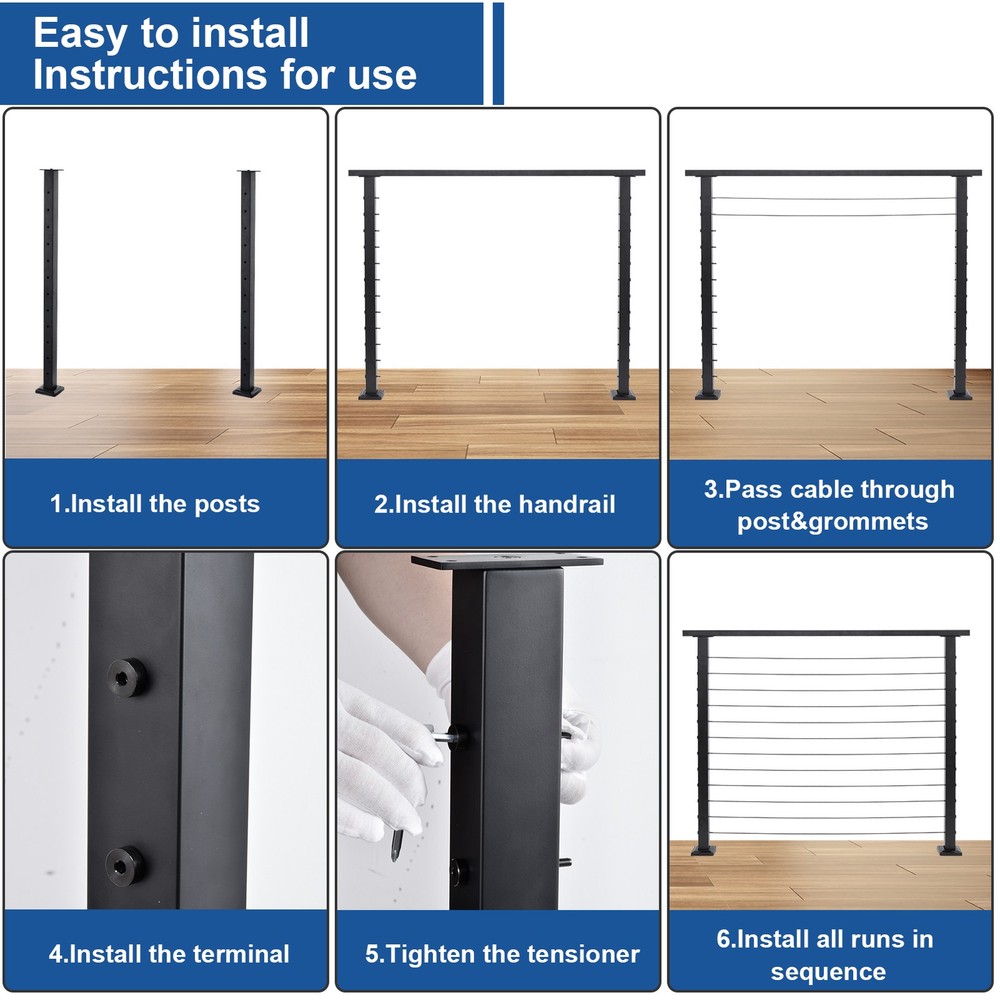 4.6'42" Stainless Steel Handrail Black Rectangular Top Rail Cable Railing System