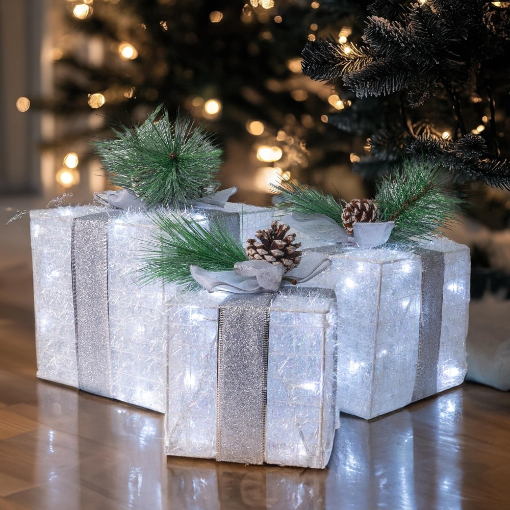 Set of 3 Christmas Lighted Gift Boxes, Pre-lit 60 LED Light Up Present Boxes ...