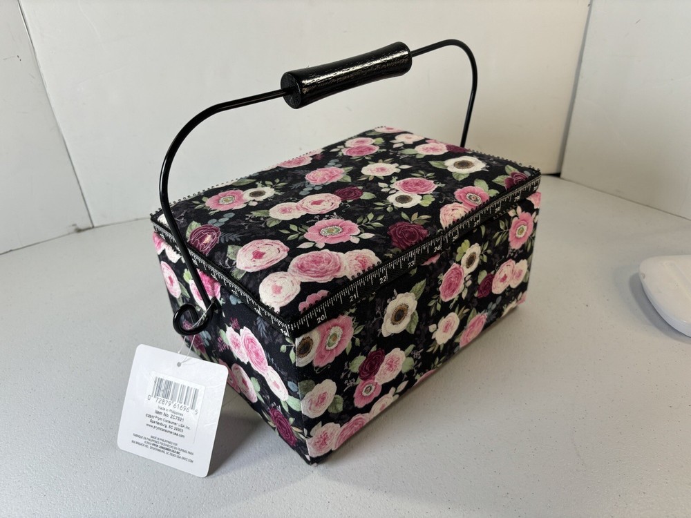 Sewing Basket Handle Tray Button Snap Close Padded Fabric Outer w/accessories.