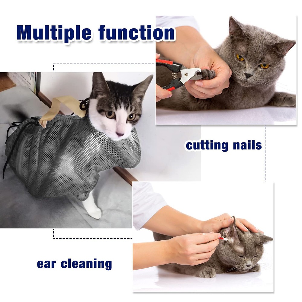 2 PCS Gray Cat Grooming Bag with Breathable Mesh Muzzle Restraint for Bathing