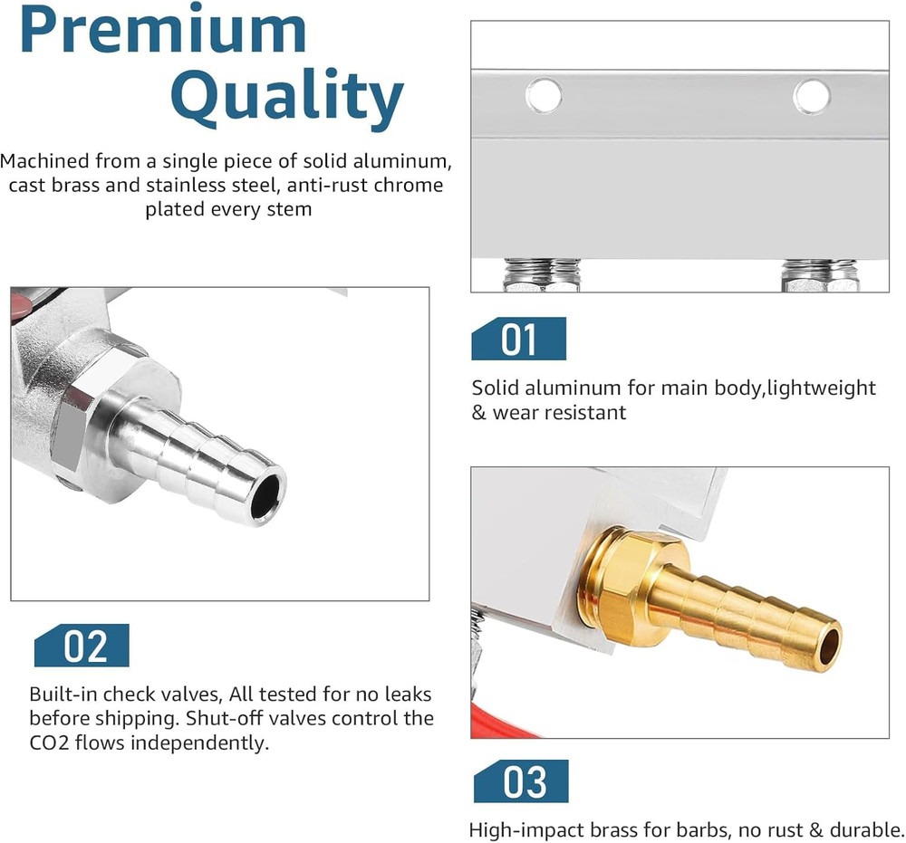 5/16" Barded Gas Manifold 2 Way CO2 Distributor with Integrated Check Valves CO2
