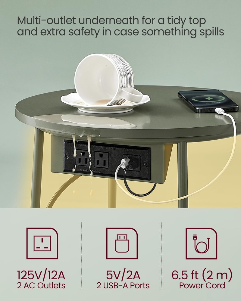 LILEA Collection - Side Table with Charging Station, Round End Table with Fab...