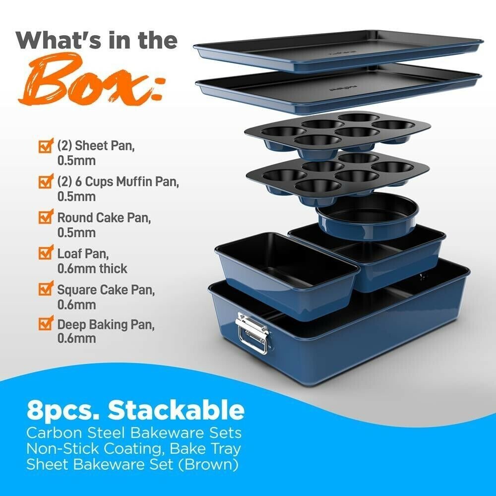Nutrichef 8pcs. Stackable Carbon Steel Bakeware Sets - Non-Stick Coating (Blue)