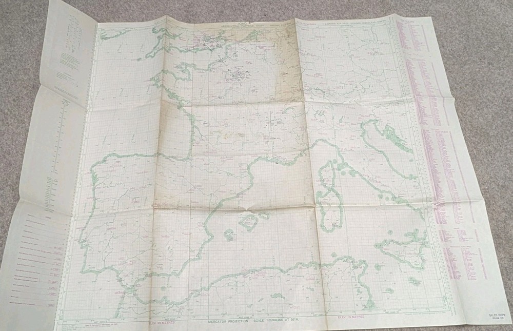 Original War Office Plotting map London-Gibraltar-Malta 1949 With Ops Markings