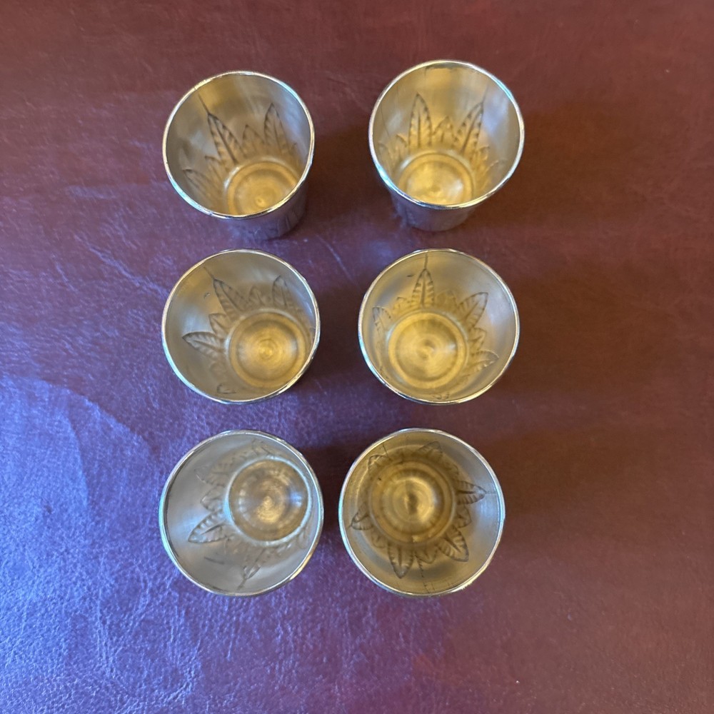 Solid silver hip flask c1900 & Six Antique Continental Solid Silver Shot Cups