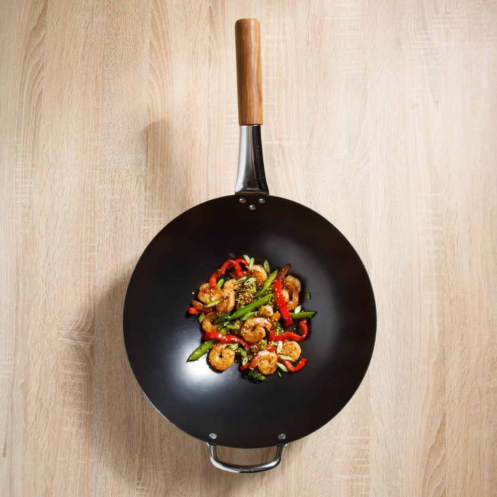 Kitchen Essentials Quick Fire 13.5" Carbon Steel Flat Bottom Wok – Durable No...