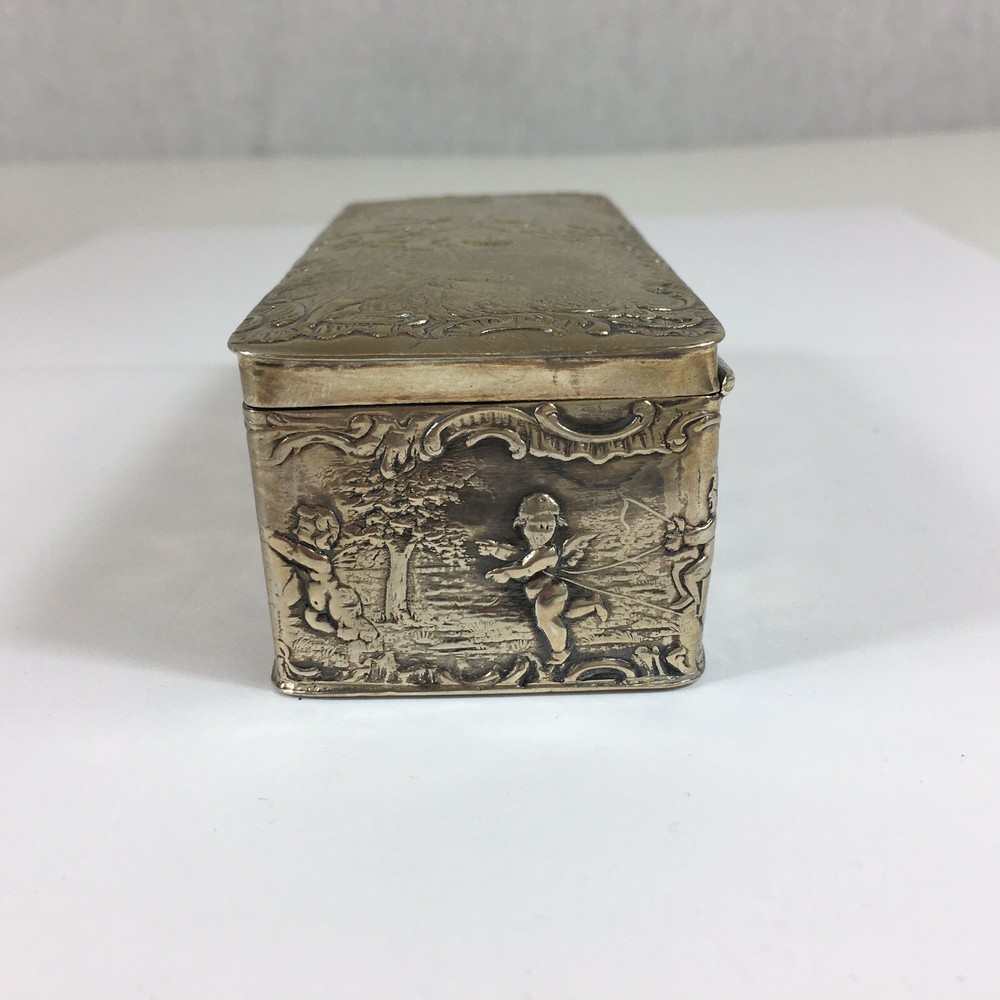 Antique German Hanau Pseudo Embossed Cherubs Playing Solid Silver Box 12cm Wide