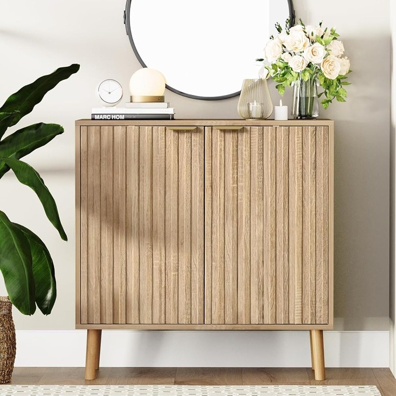 Fluted Storage Cabinet Adjustable Shelves Multifunctional Buffet Sideboard Home