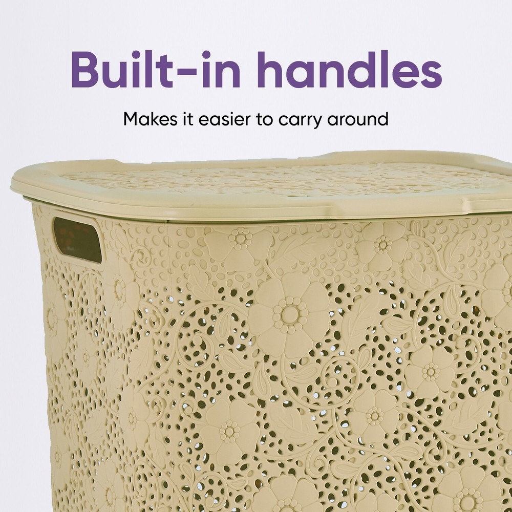 Plastic Laundry Hamper with Lid, Lace design- Beige, 50 Liter (3Pack)