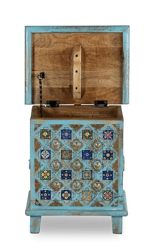 Indian hand Carved Trunk / Storage Chest with Ceramic Tile and Brass Fitting