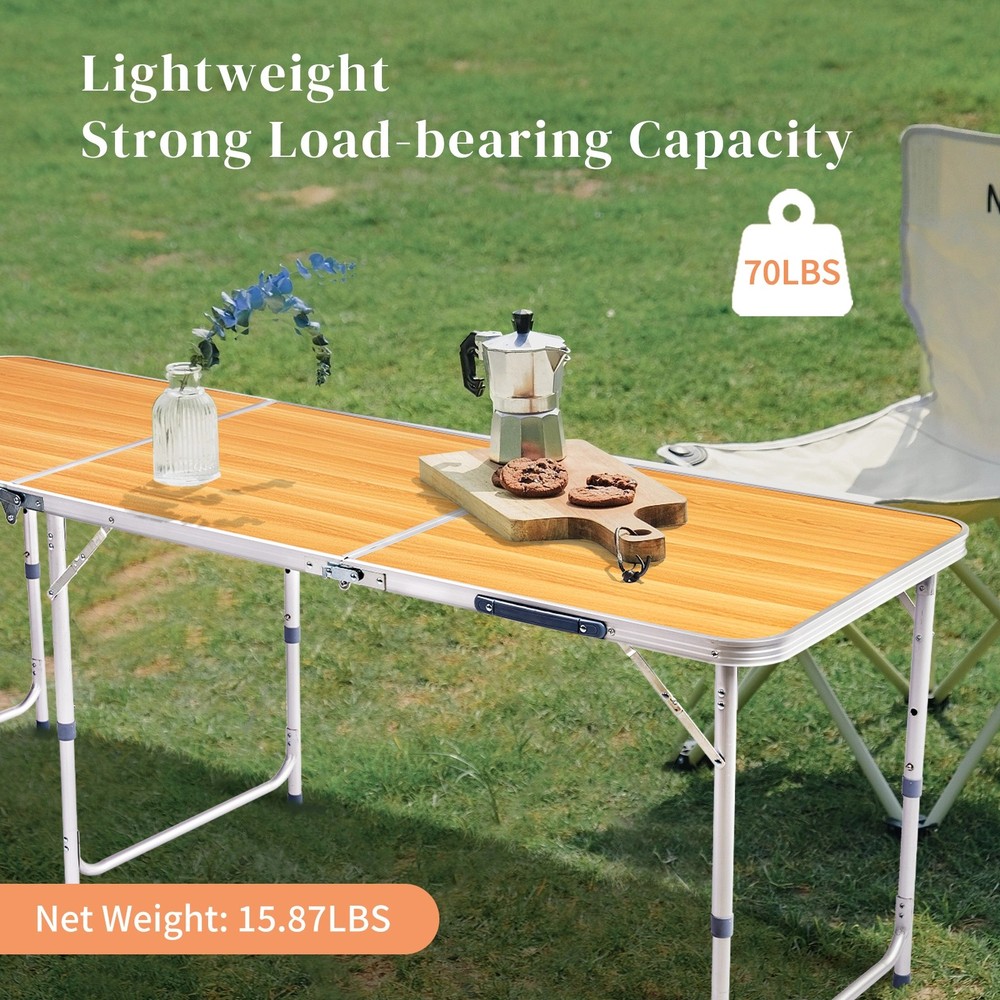 Folding Camping Table 6ft - Adjustable Height, Aluminum & Wood Grain Patio Table