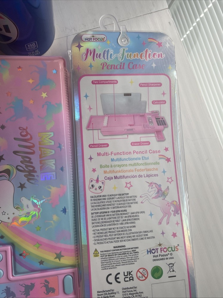 Hot Focus Multi-Function Pencil Case Unicorn Calculator Sharpener Pink NIP
