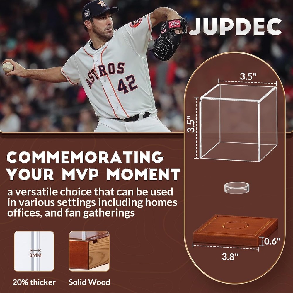 JupDec Baseball Display Case - Clear Cube Holder with 1 Pack, Brown
