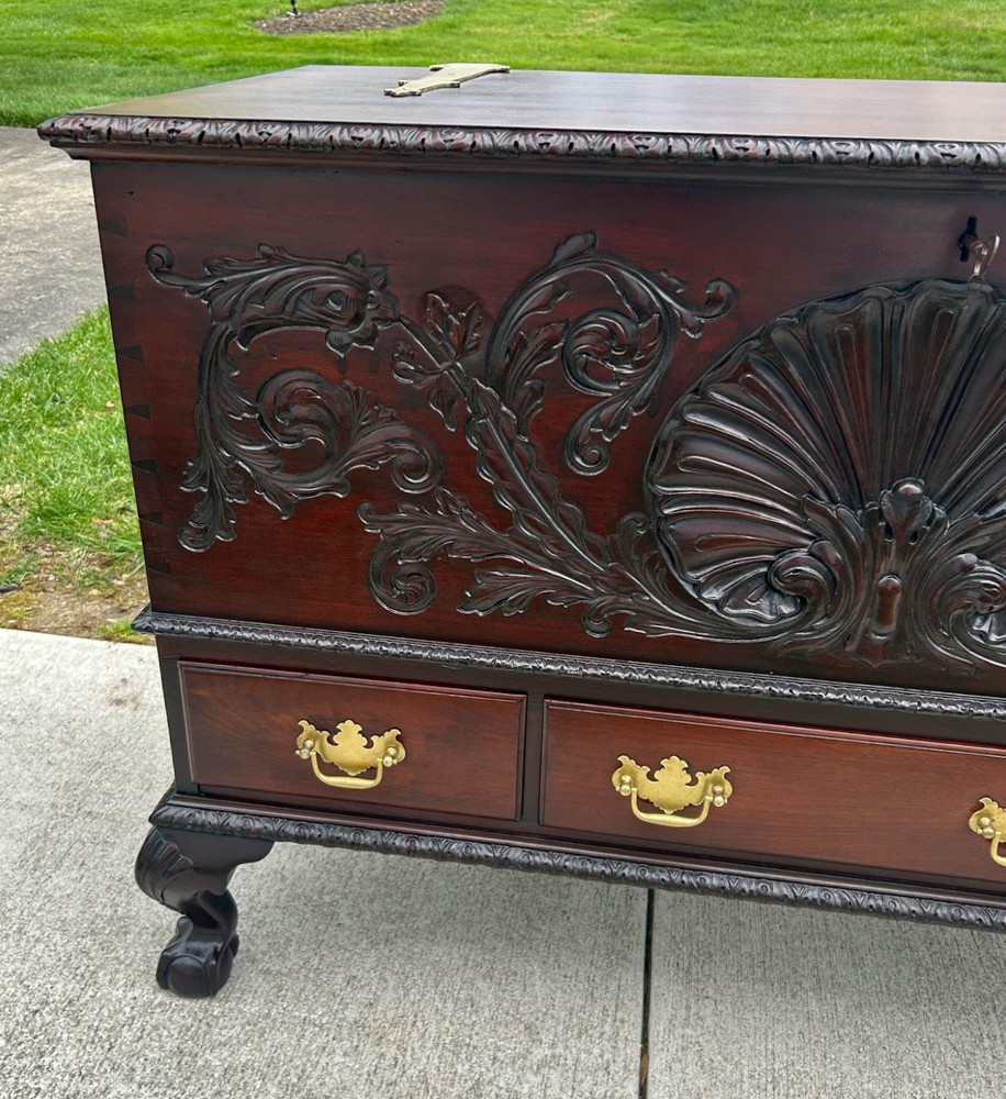 Antique Solid Mahogany Shell Carved Claw Foot Centennial Blanket Chest