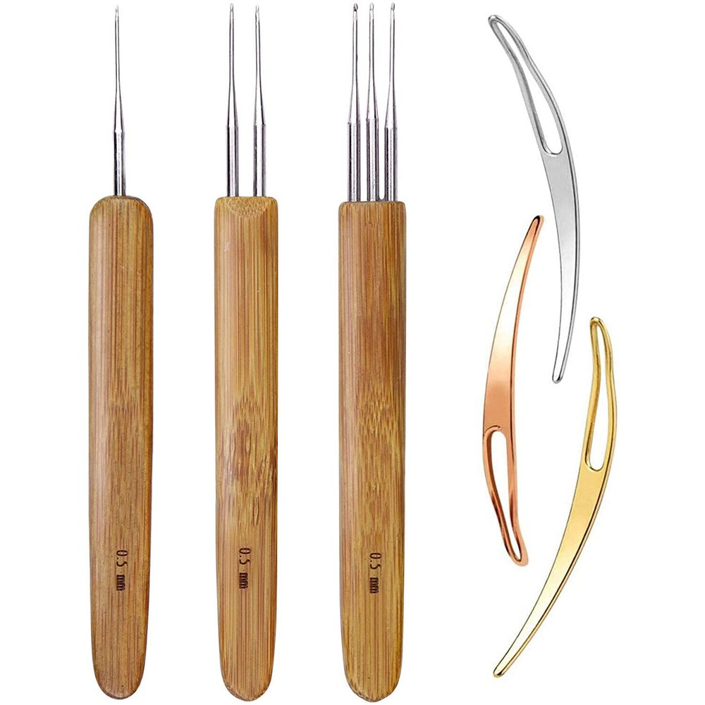 6Pcs DIY Crochet Needle Hook Bamboo Handle Dread Knit Hair Making Braiding Tool